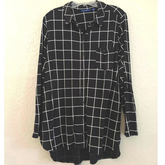 Black White Checked Tunic Top Womens Size XL Button Down Stretch Work Travel - Picture 1 of 15